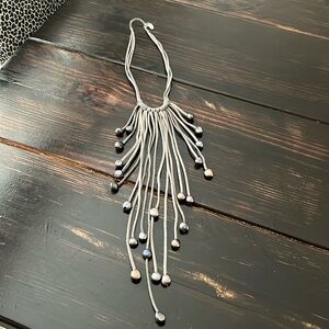 Soft gray Leather and pearl necklace, 17” long with 3” extender